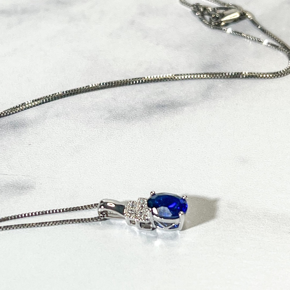 Lab Sapphire Pendant with Sterling Silver Chain - Picture 4 of 6